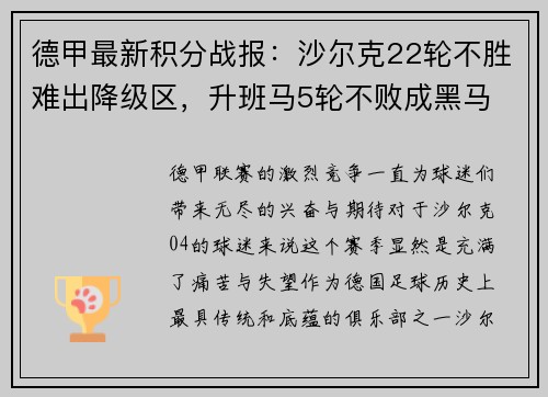 德甲最新积分战报：沙尔克22轮不胜难出降级区，升班马5轮不败成黑马